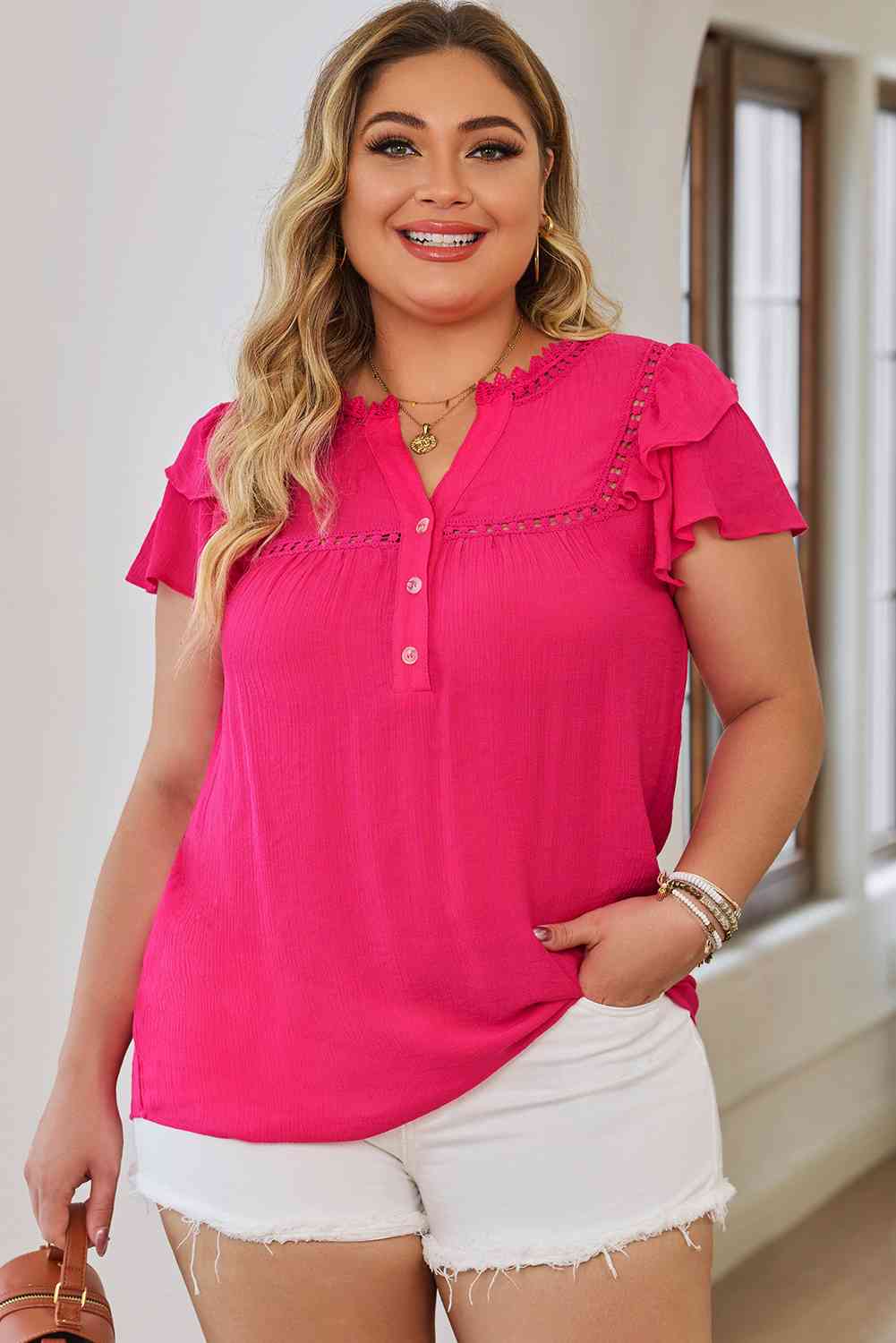 Plus Size Notched Neck Buttoned Flutter Sleeve Blouse - Just Enuff Sexy