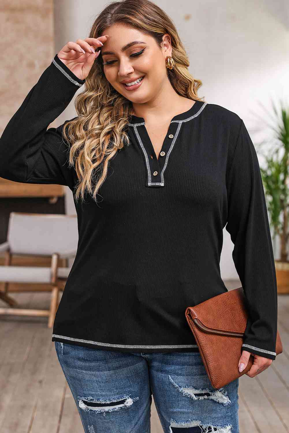 Plus Size Notched Neck Long Sleeve T-Shirt - Just Enuff Sexy