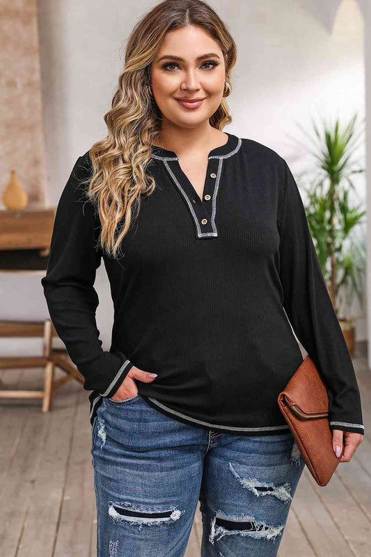 Plus Size Notched Neck Long Sleeve T-Shirt - Just Enuff Sexy