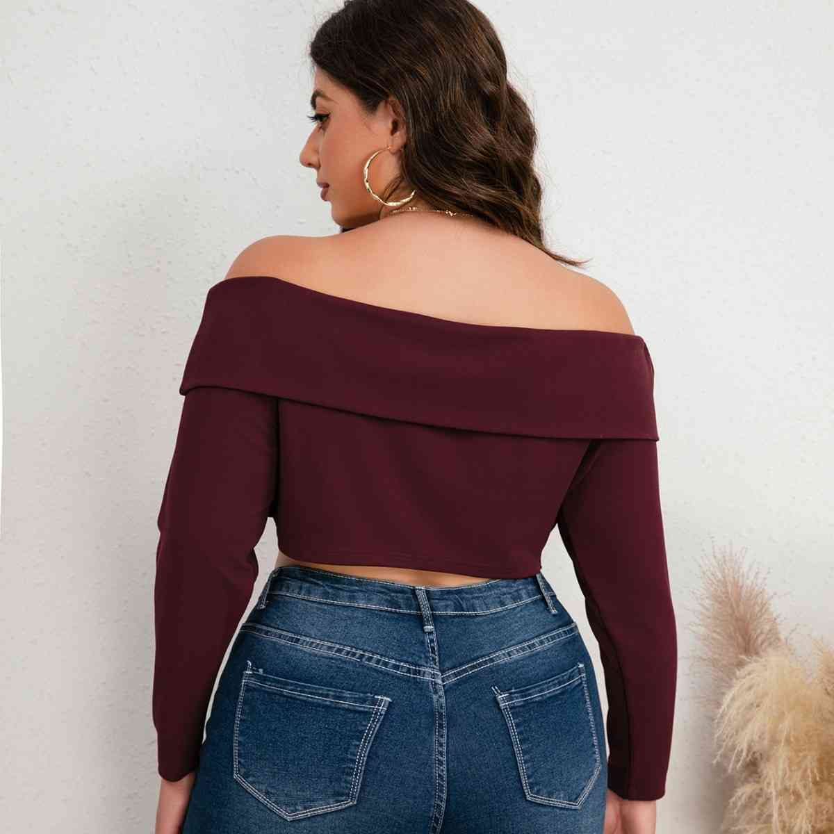 Plus Size Off-Shoulder Long Sleeve Cropped Top - Just Enuff Sexy
