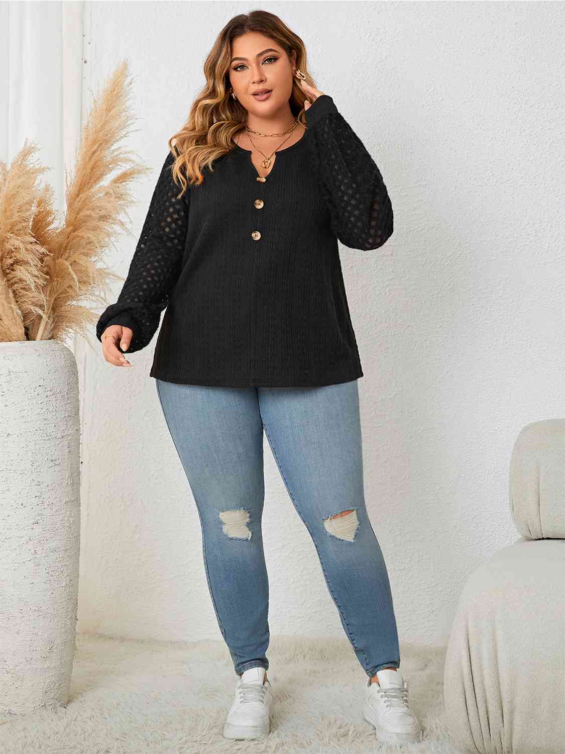 Plus Size Openwork Notched Button Front Blouse - Just Enuff Sexy