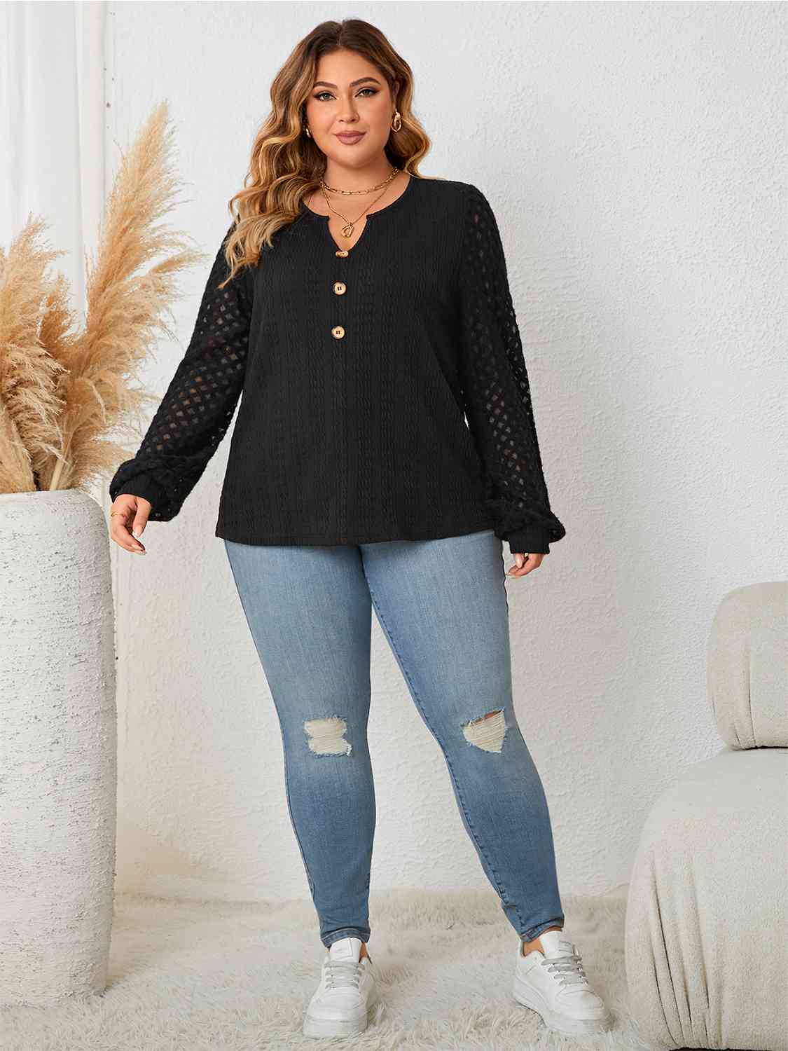 Plus Size Openwork Notched Button Front Blouse - Just Enuff Sexy