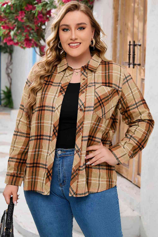 Plus Size Plaid Collared Neck Long Sleeve Shirt - Just Enuff Sexy