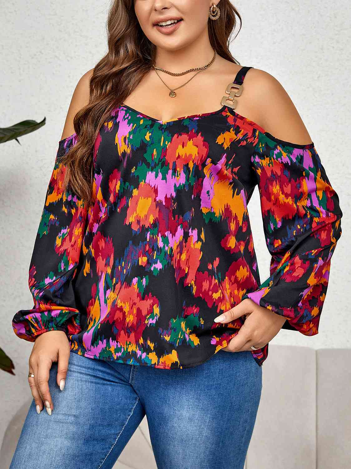 Plus Size Printed Cold Shoulder Long Sleeve Blouse - Just Enuff Sexy