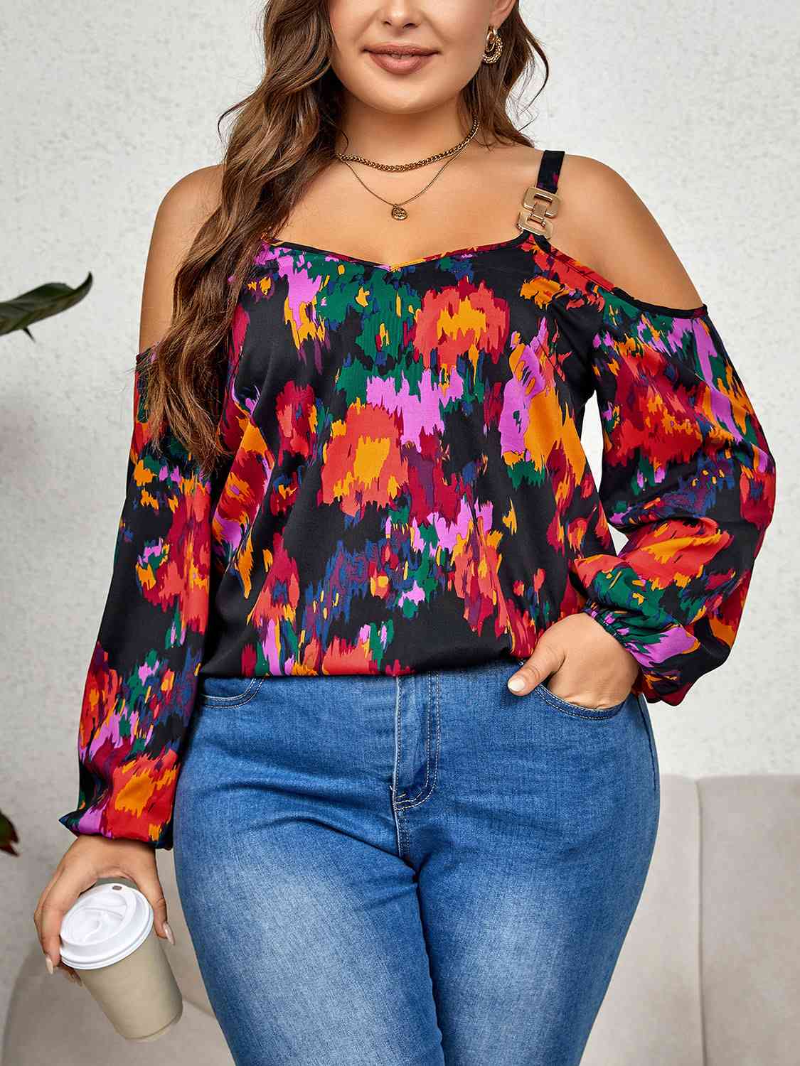 Plus Size Printed Cold Shoulder Long Sleeve Blouse - Just Enuff Sexy