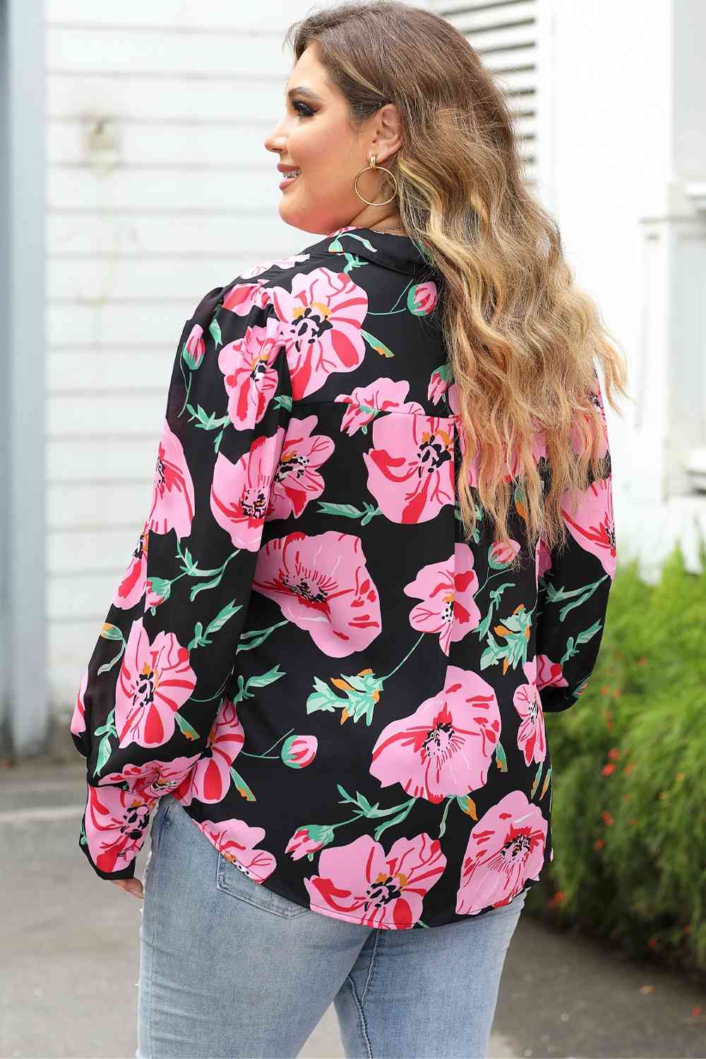 Plus Size Printed Collared Neck Long Sleeve Shirt - Just Enuff Sexy