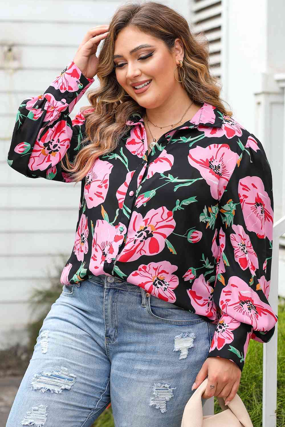 Plus Size Printed Collared Neck Long Sleeve Shirt - Just Enuff Sexy
