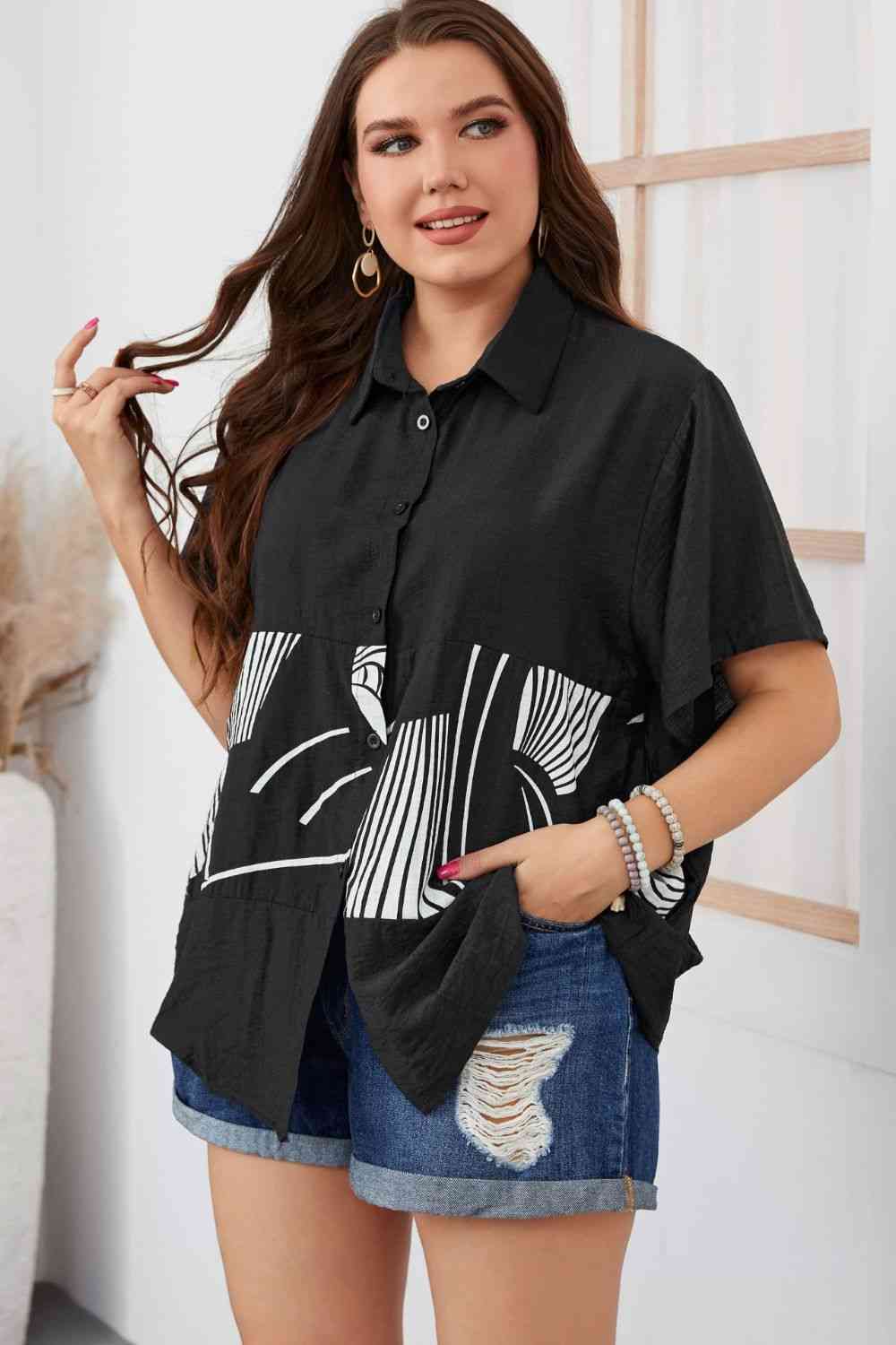 Plus Size Printed Flutter Sleeve Shirt - Just Enuff Sexy
