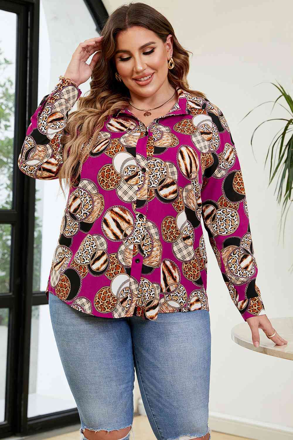 Plus Size Printed Long Sleeve Shirt - Just Enuff Sexy