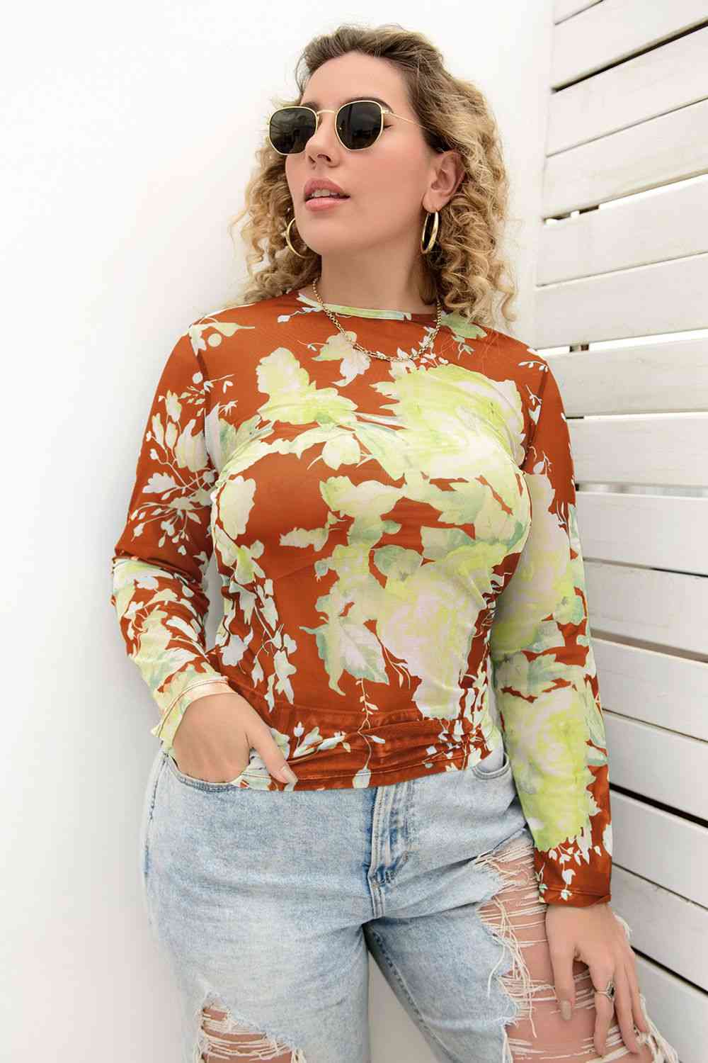 Plus Size Printed Round Neck Long Sleeve Blouse - Just Enuff Sexy