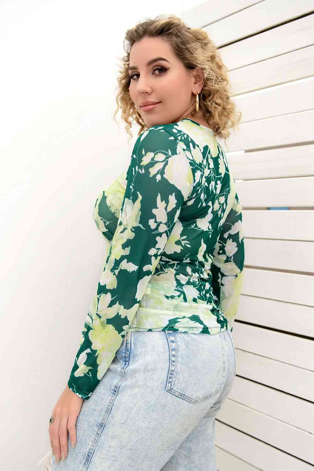 Plus Size Printed Round Neck Long Sleeve Blouse - Just Enuff Sexy