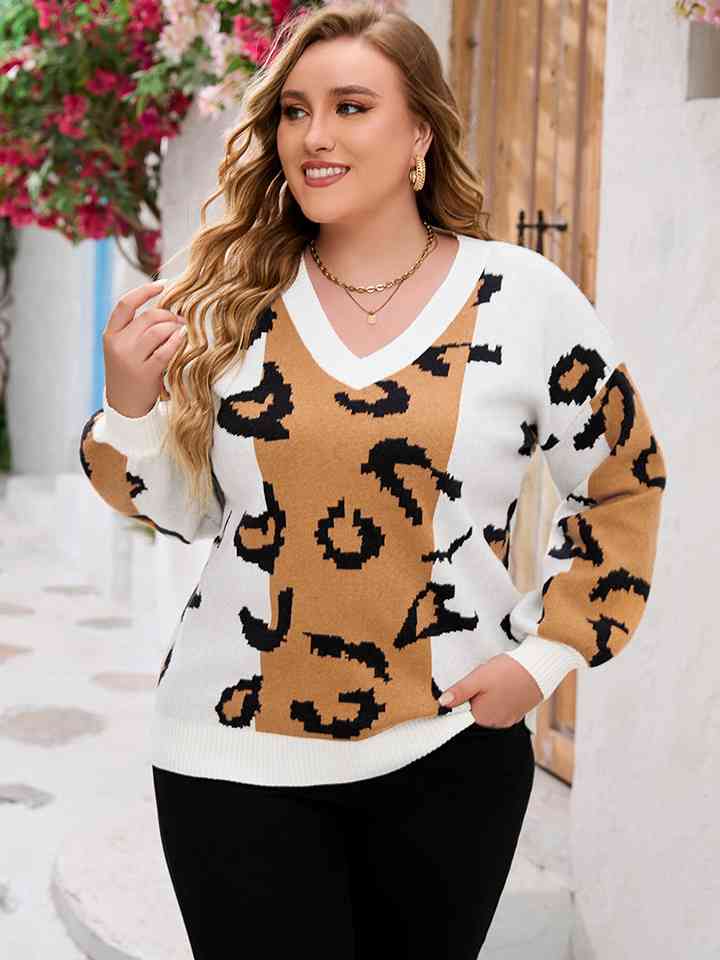 Plus Size Printed V-Neck Long Sleeve Sweater - Just Enuff Sexy
