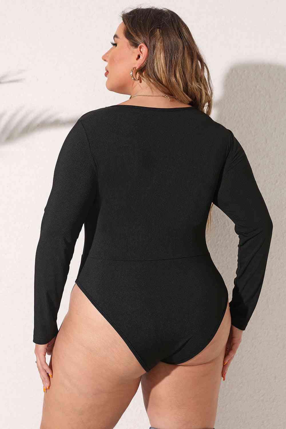 Plus Size Round Neck Long Sleeve Bodysuit - Just Enuff Sexy