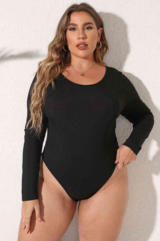 Plus Size Round Neck Long Sleeve Bodysuit - Just Enuff Sexy