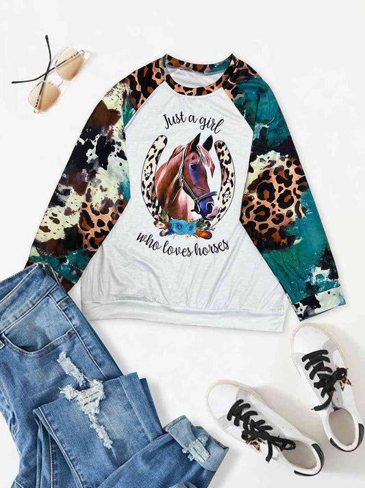 Plus Size Round Neck Long Sleeve Horse Graphic T-Shirt - Just Enuff Sexy