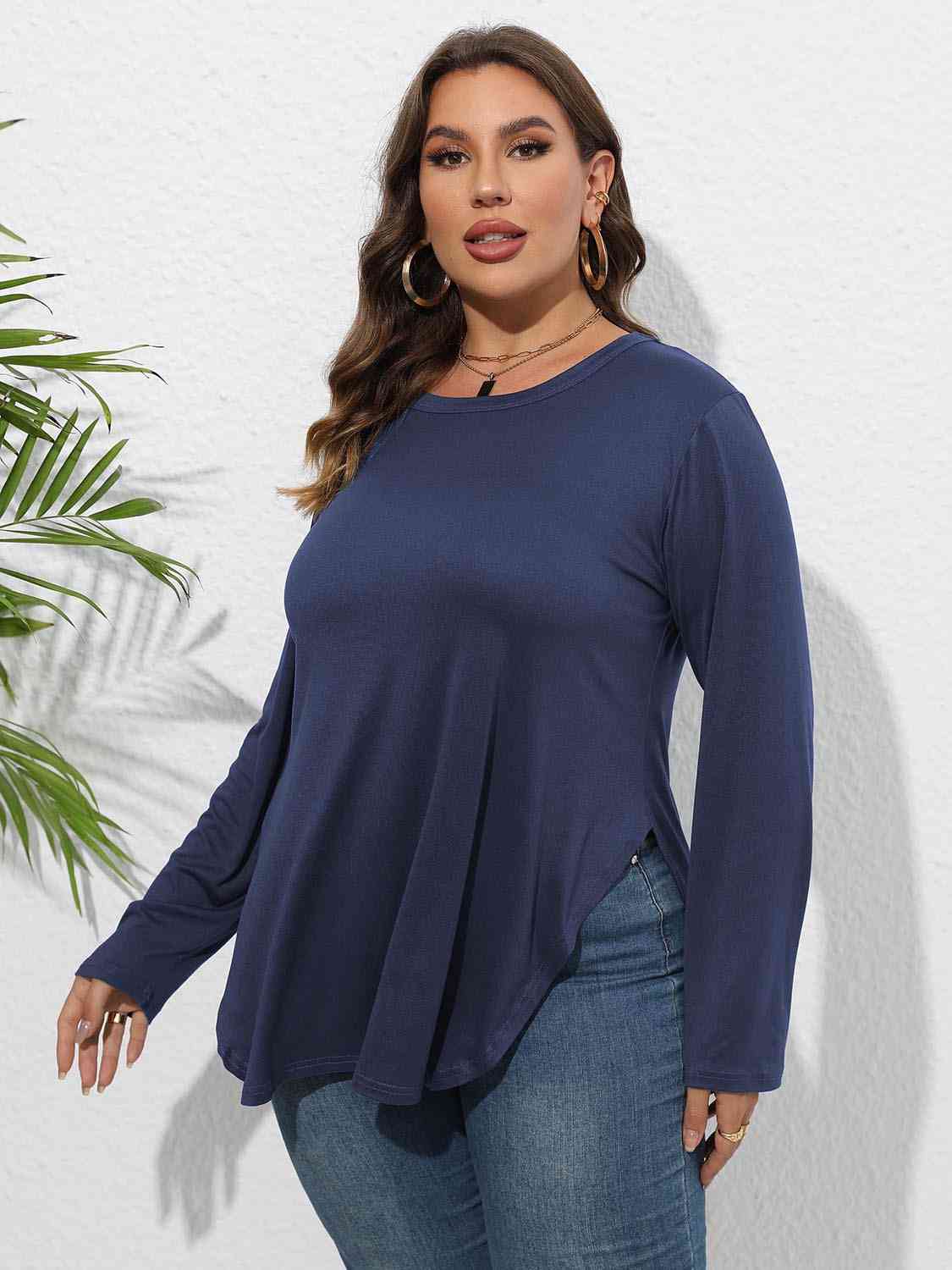 Plus Size Round Neck Long Sleeve Slit T-Shirt - Just Enuff Sexy