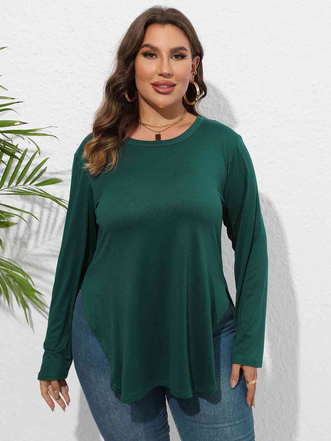 Plus Size Round Neck Long Sleeve Slit T-Shirt - Just Enuff Sexy