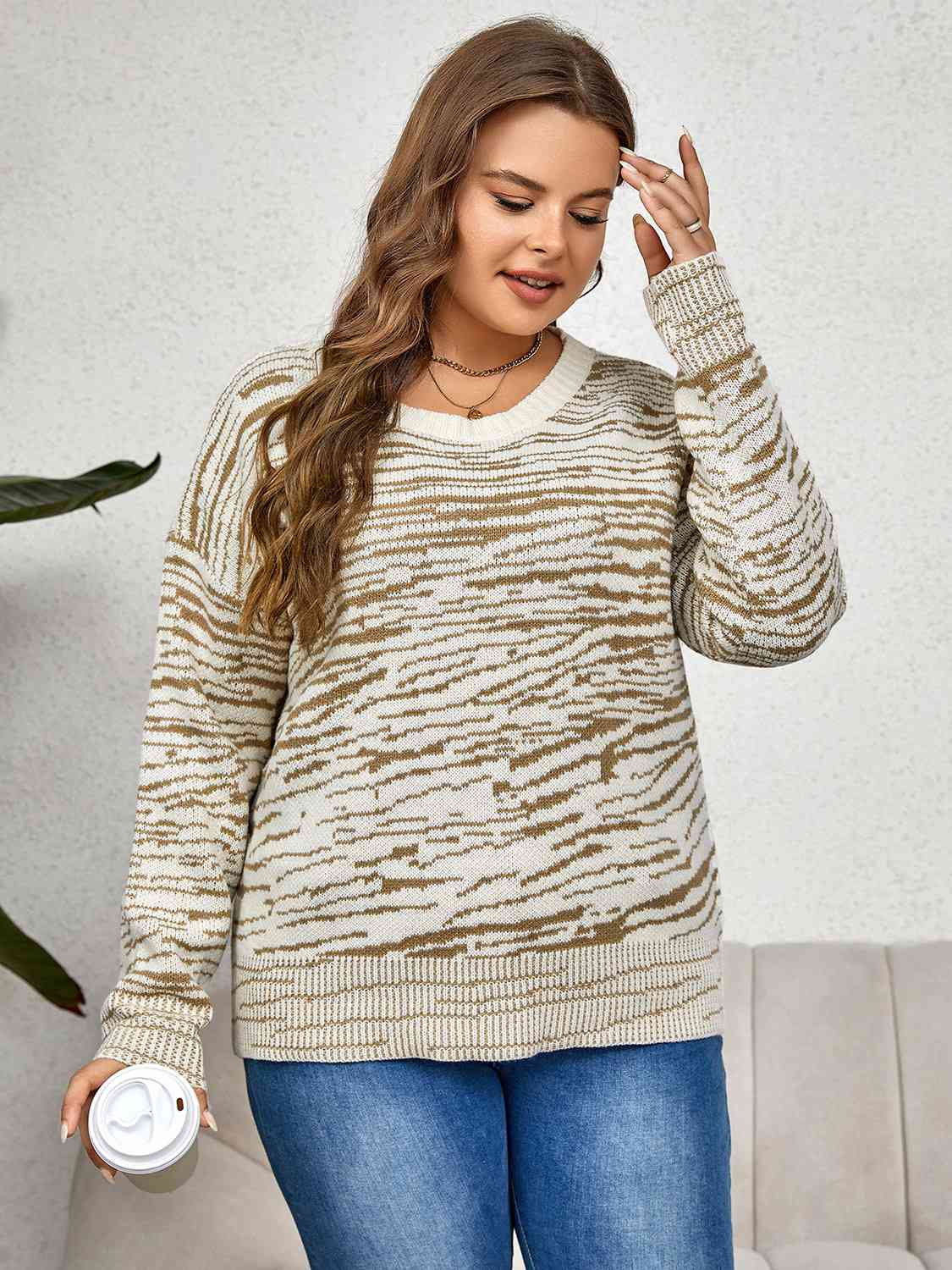 Plus Size Round Neck Long Sleeve Sweater - Just Enuff Sexy