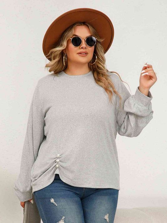 Plus Size Round Neck Ruched Long Sleeve Top - Just Enuff Sexy