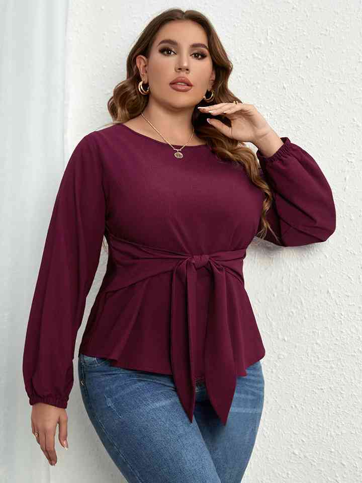 Plus Size Round Neck Tie Waist Long Sleeve Blouse - Just Enuff Sexy