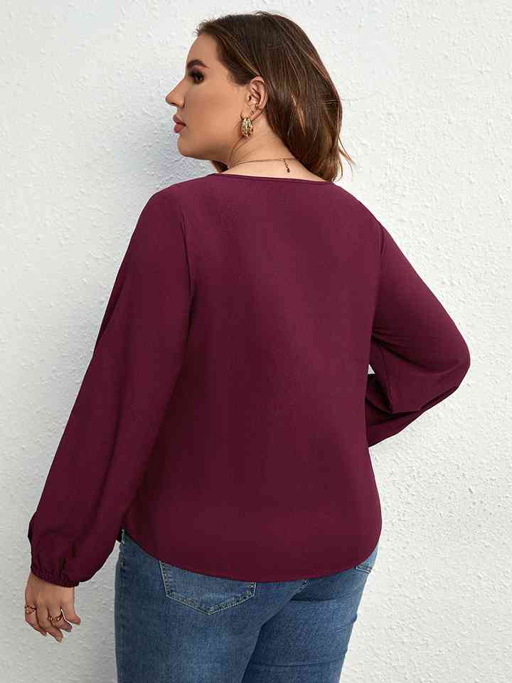 Plus Size Round Neck Tie Waist Long Sleeve Blouse - Just Enuff Sexy
