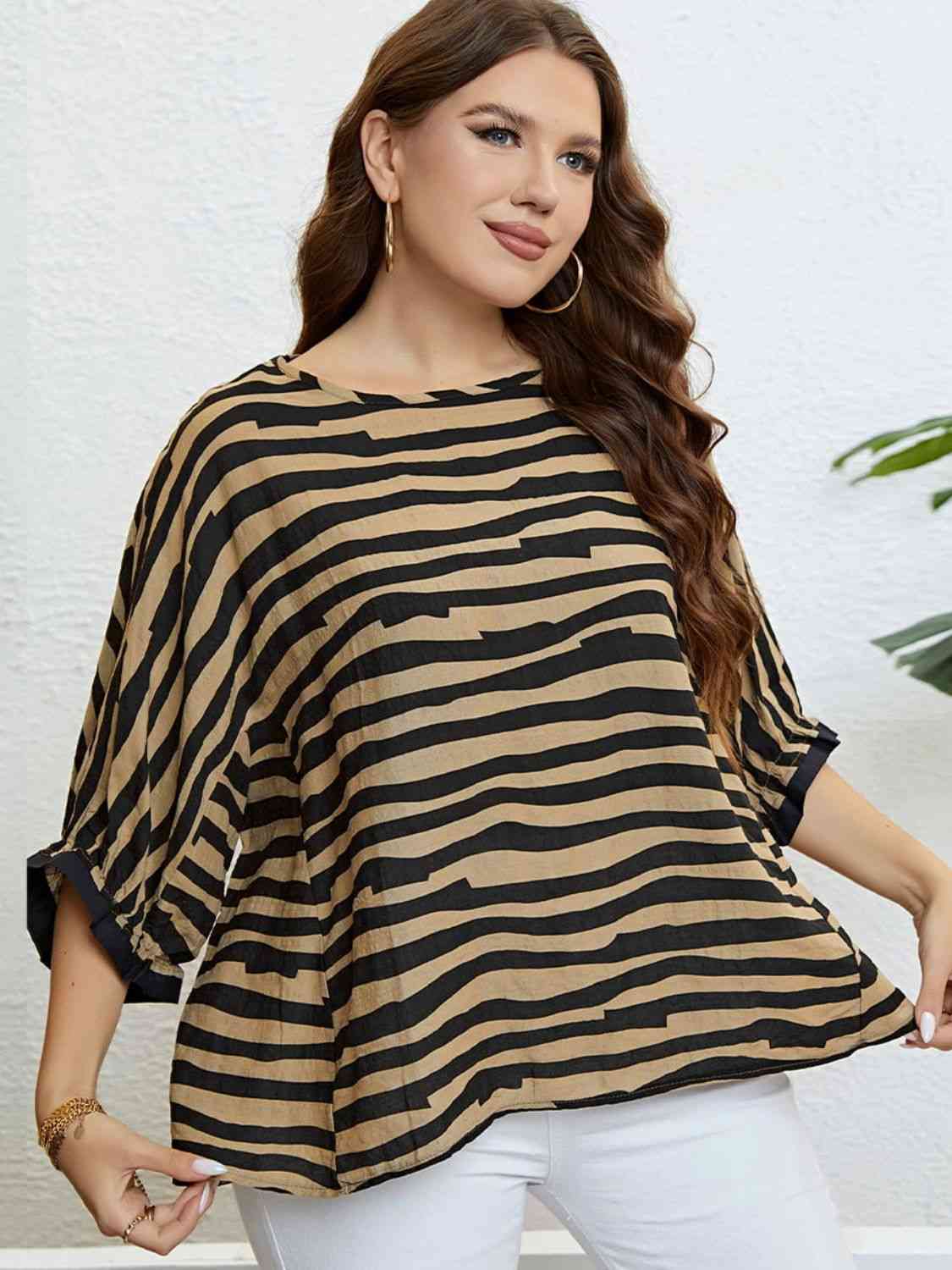 Plus Size Striped Three-Quarter Sleeve Boat Neck Top - Just Enuff Sexy