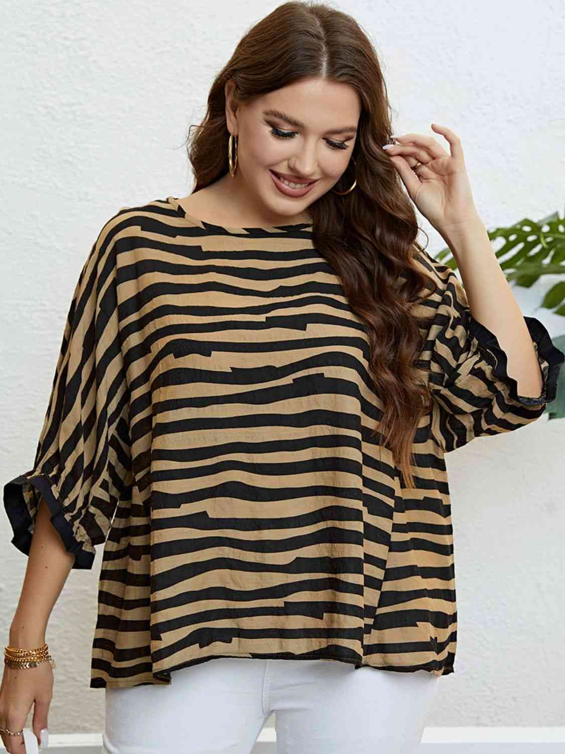 Plus Size Striped Three-Quarter Sleeve Boat Neck Top - Just Enuff Sexy
