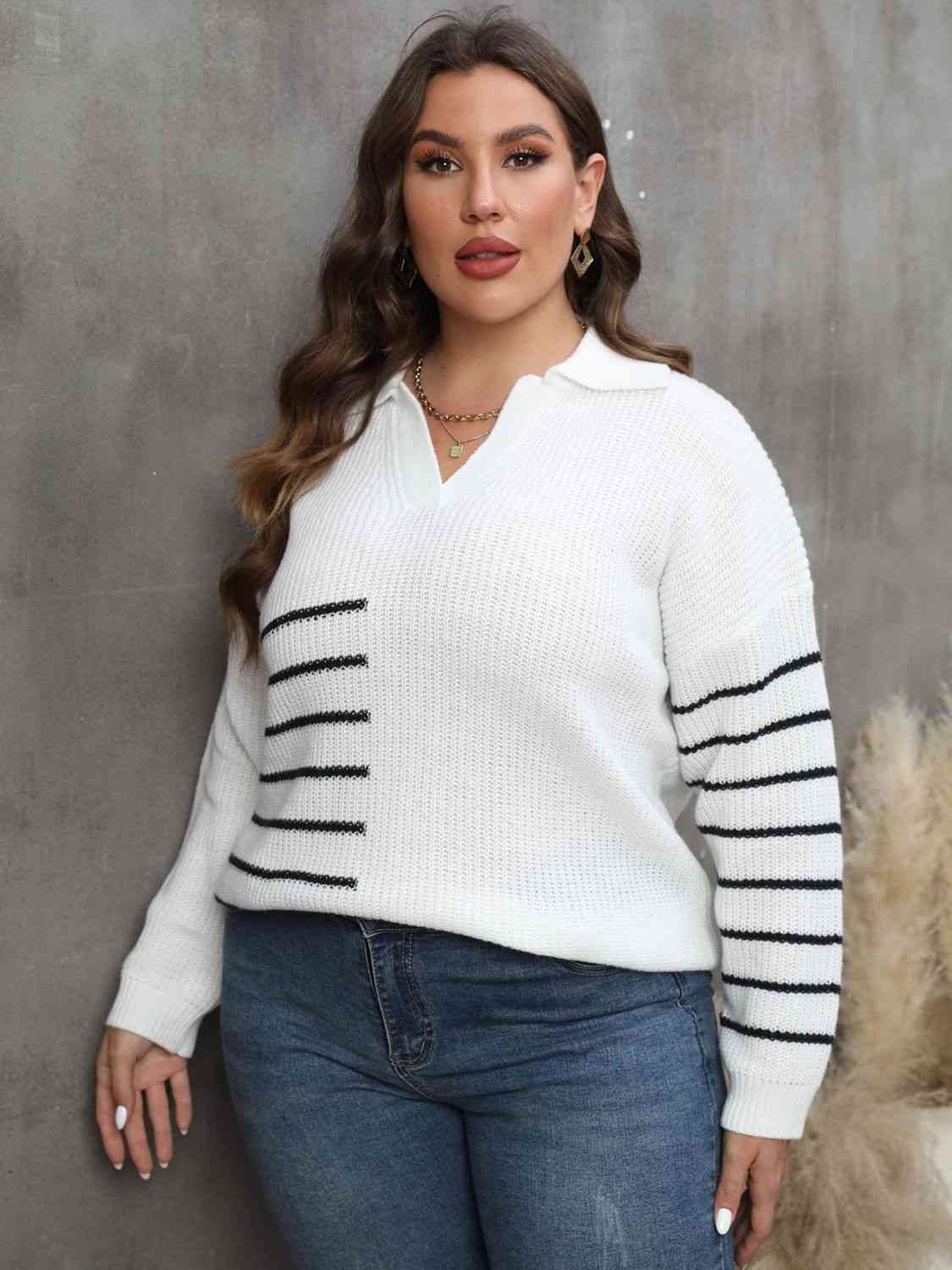 Plus Size Striped V-Neck Sweater - Just Enuff Sexy