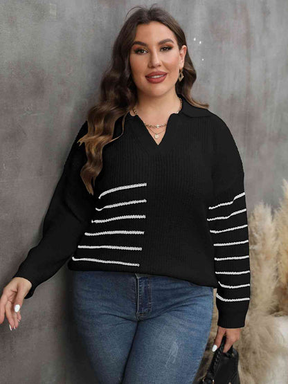 Plus Size Striped V-Neck Sweater - Just Enuff Sexy
