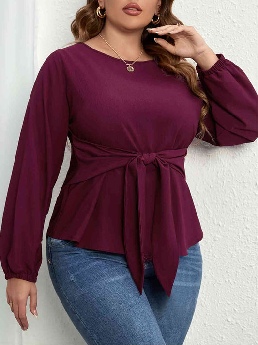 Plus Size Tie Front Long Sleeve Blouse - Just Enuff Sexy