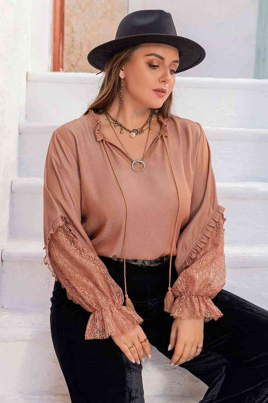 Plus Size Tie Neck Flounce Sleeve Blouse - Just Enuff Sexy