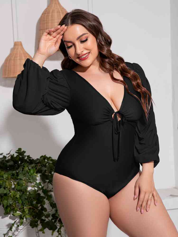 Plus Size Tied Deep V Balloon Sleeve One-Piece Swimsuit - Just Enuff Sexy