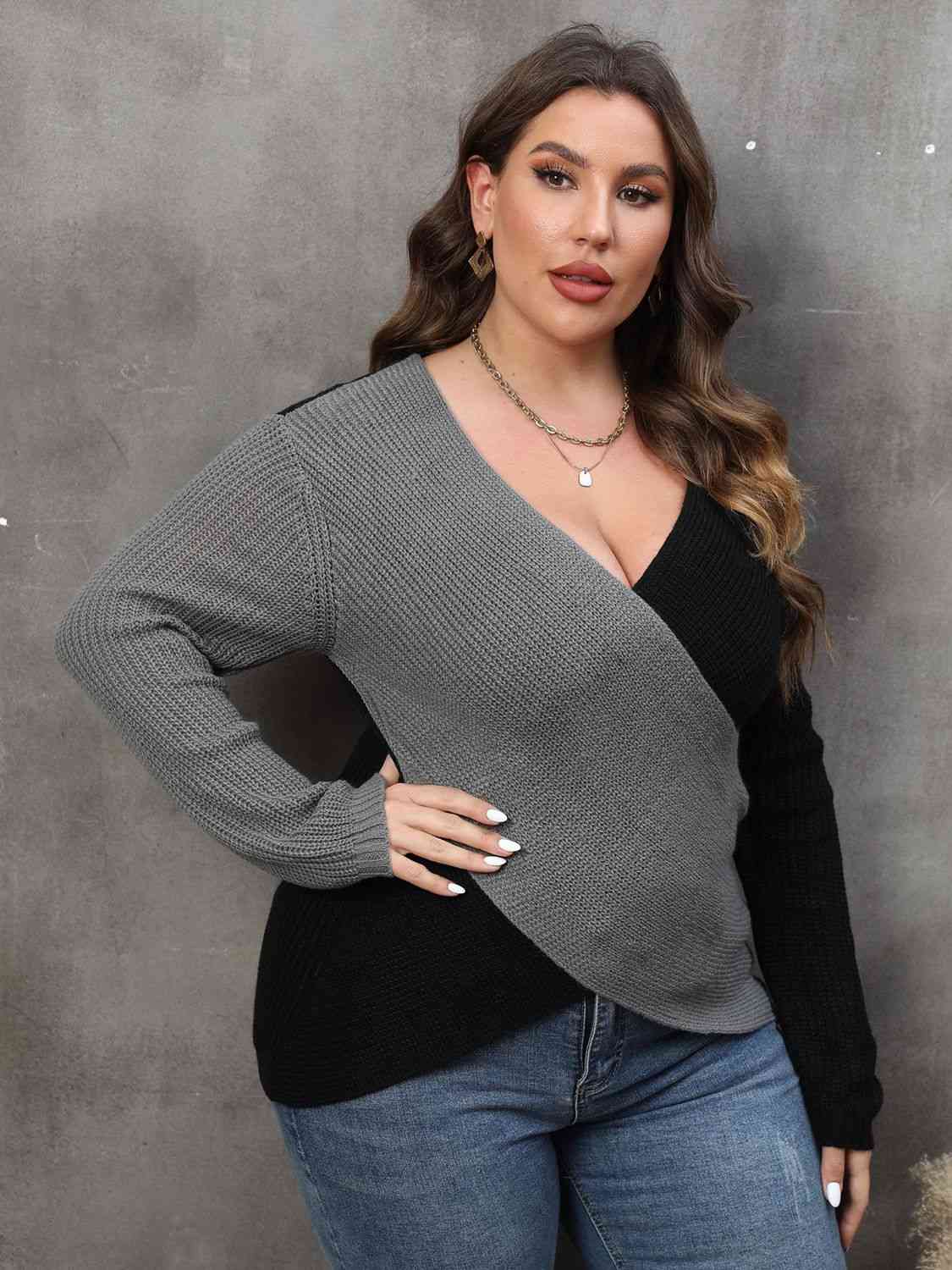 Plus Size Two-Tone Surplice Neck Sweater - Just Enuff Sexy
