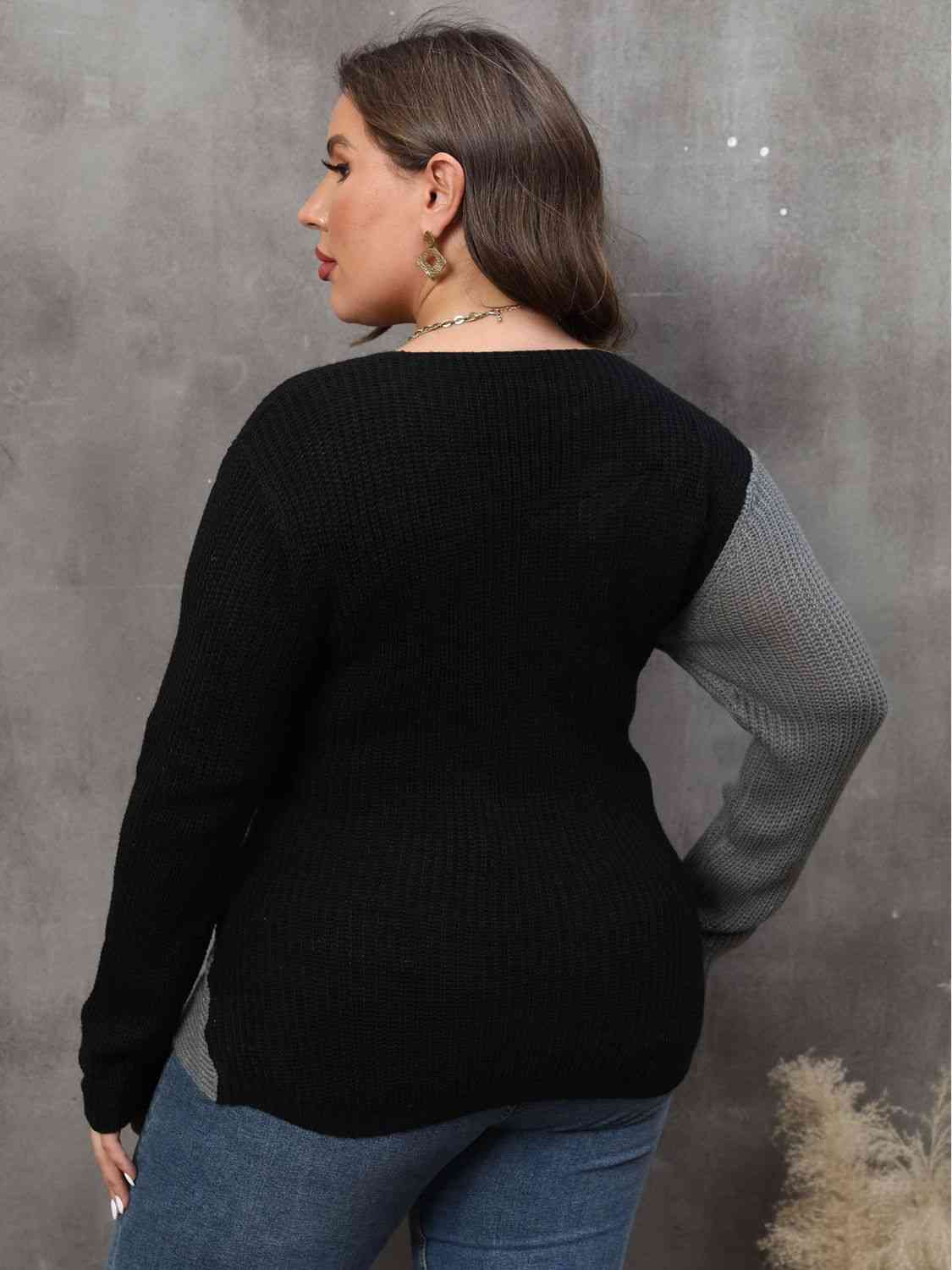 Plus Size Two-Tone Surplice Neck Sweater - Just Enuff Sexy