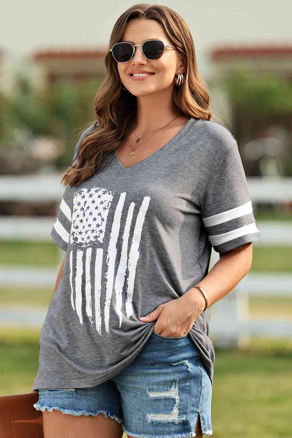 Plus Size US Flag Graphic V-Neck Tee - Just Enuff Sexy