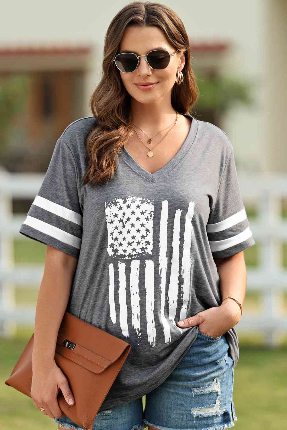 Plus Size US Flag Graphic V-Neck Tee - Just Enuff Sexy