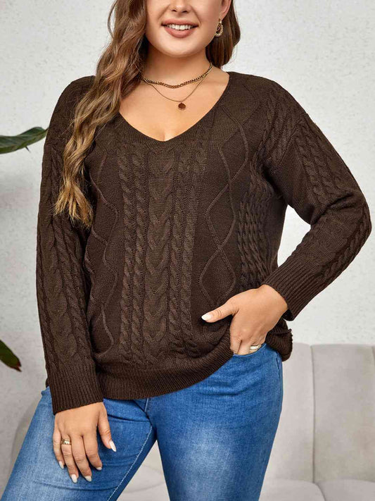 Plus Size V-Neck Cable-Knit Long Sleeve Sweater - Just Enuff Sexy