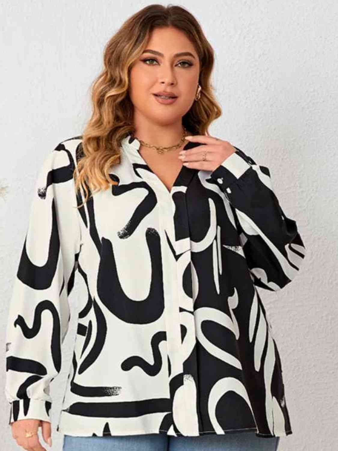 Plus Size V Neck Contrast Color Printed Shirt - Just Enuff Sexy