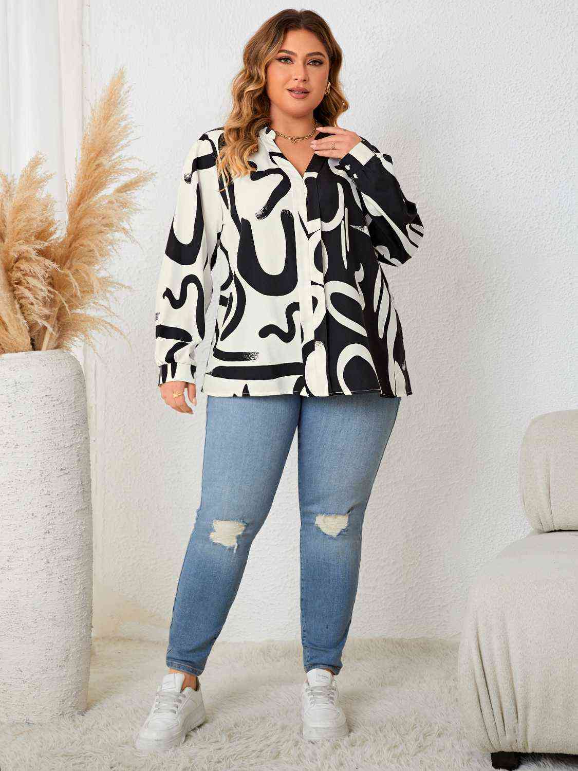 Plus Size V Neck Contrast Color Printed Shirt - Just Enuff Sexy