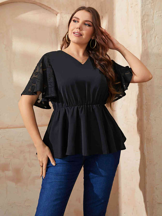 Plus Size V-Neck Flutter Sleeve Babydoll Blouse - Just Enuff Sexy
