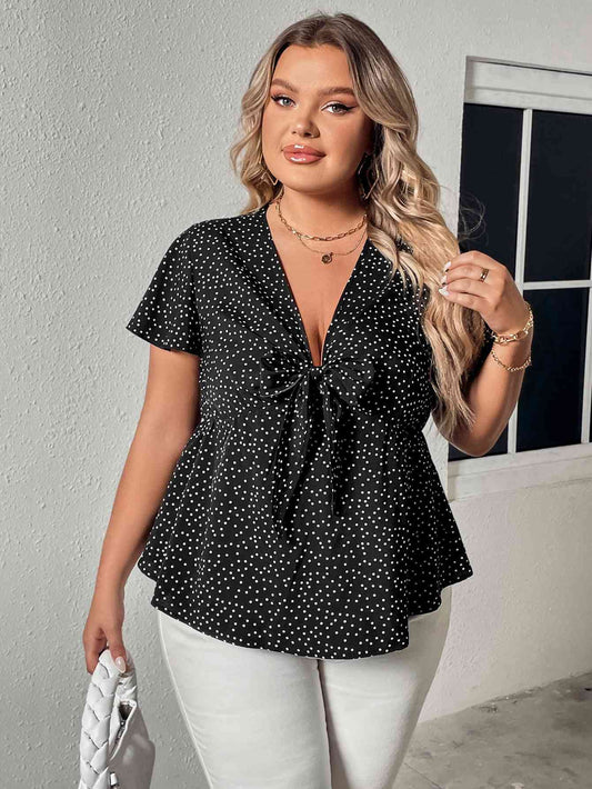 Plus Size V-Neck Front Bow Flutter Sleeve Blouse - Just Enuff Sexy