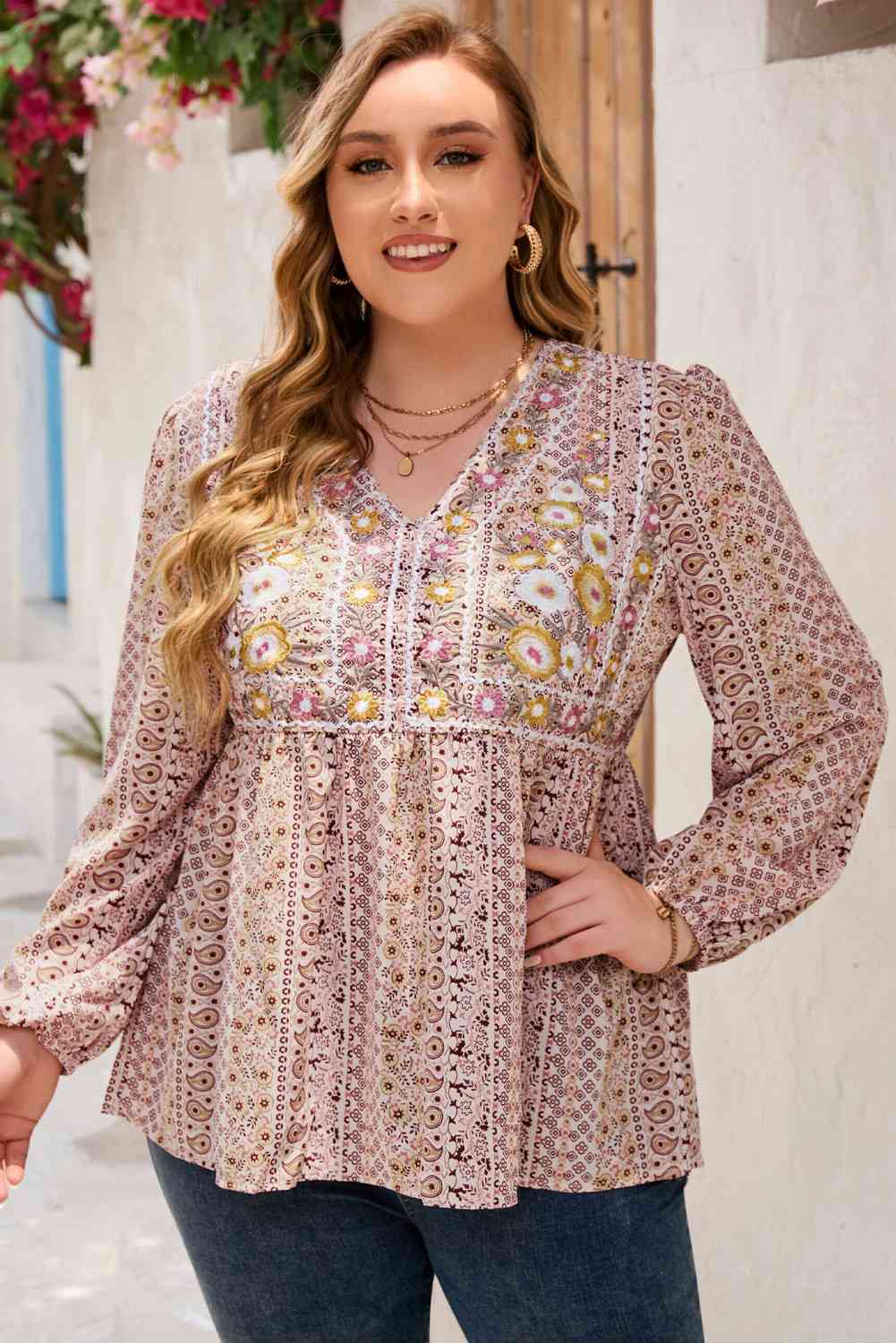 Plus Size V-Neck Printed Long Sleeve Blouse - Just Enuff Sexy