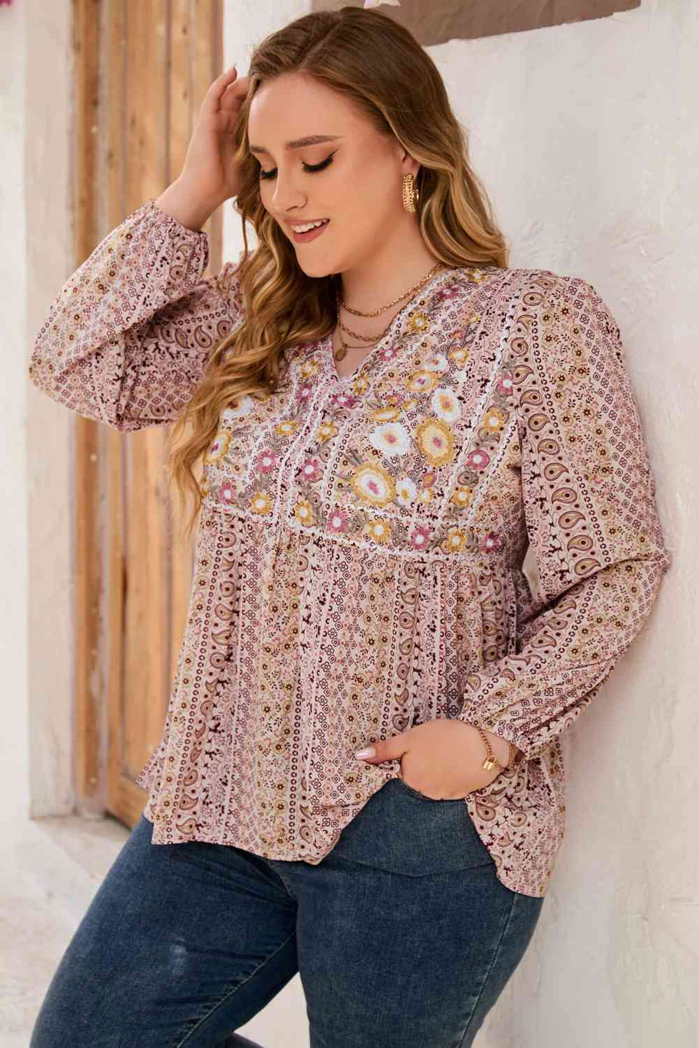 Plus Size V-Neck Printed Long Sleeve Blouse - Just Enuff Sexy