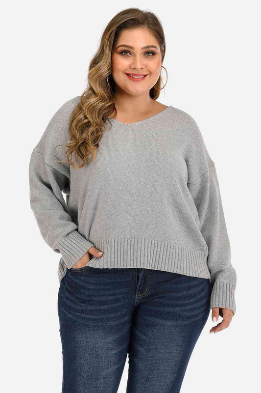 Plus Size V Neck Pullover Sweater - Just Enuff Sexy