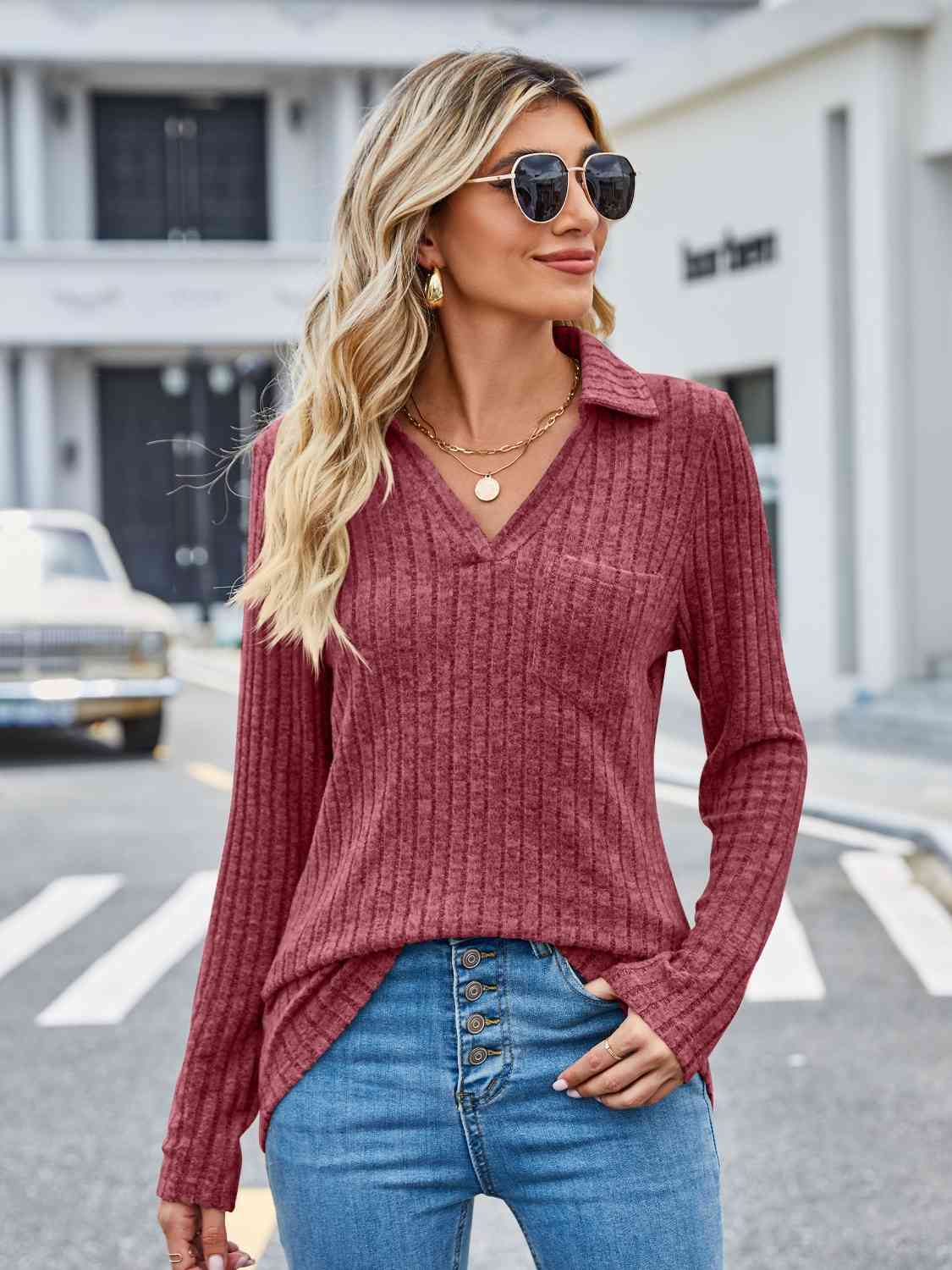 Ribbed Notched Long Sleeve T-Shirt with Pocket - Just Enuff Sexy