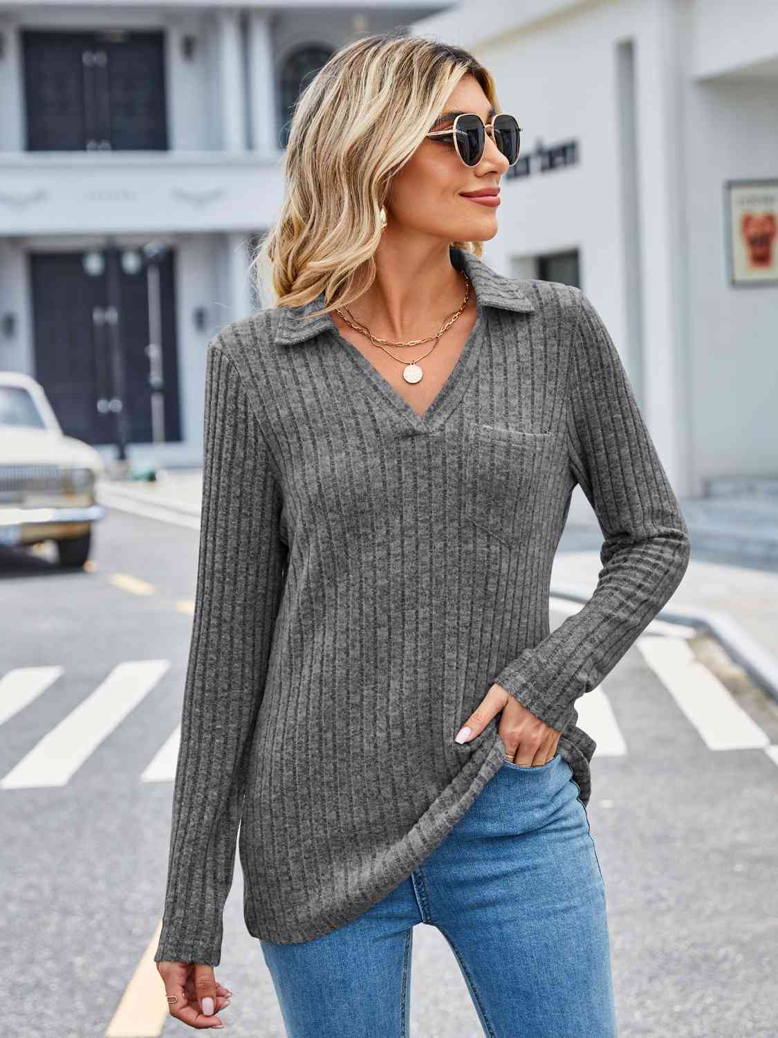 Ribbed Notched Long Sleeve T-Shirt with Pocket - Just Enuff Sexy