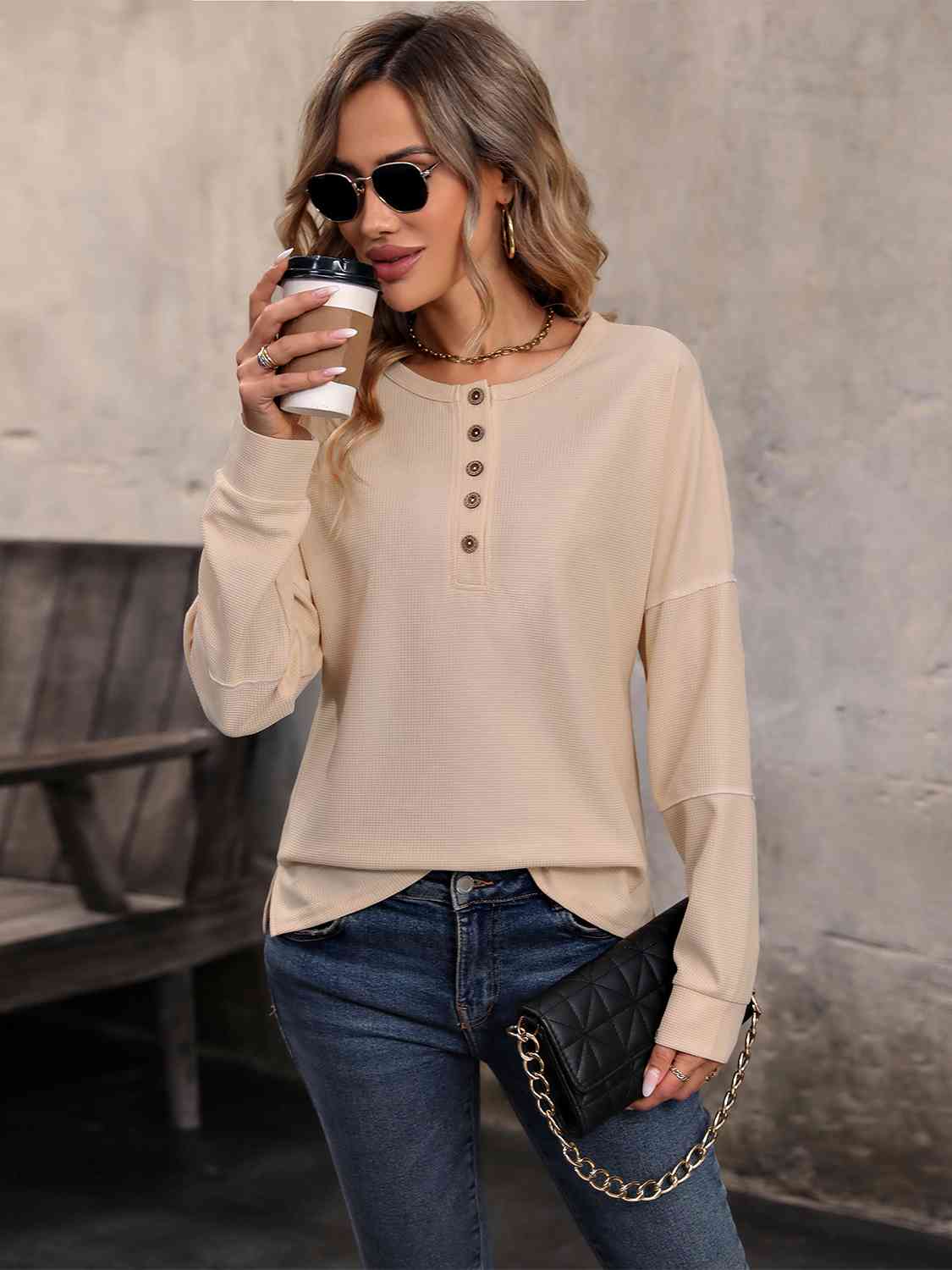 Round Neck Buttoned Slit Long Sleeve Top - Just Enuff Sexy