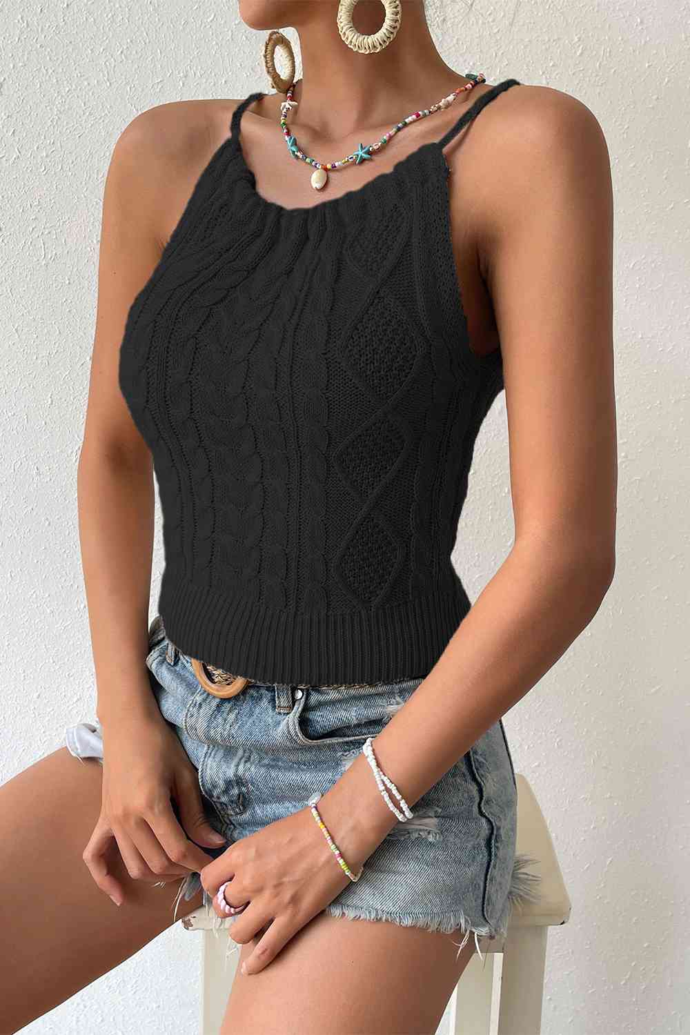 Round Neck Cable-Knit Sleeveless Knit Top - Just Enuff Sexy