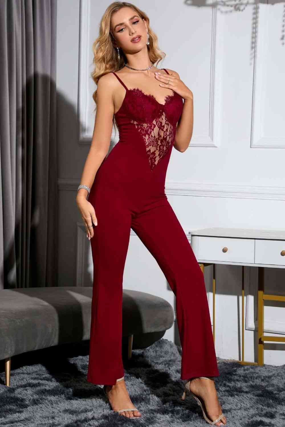 Spliced Lace Sweetheart Neck Flare Leg Jumpsuit - Just Enuff Sexy