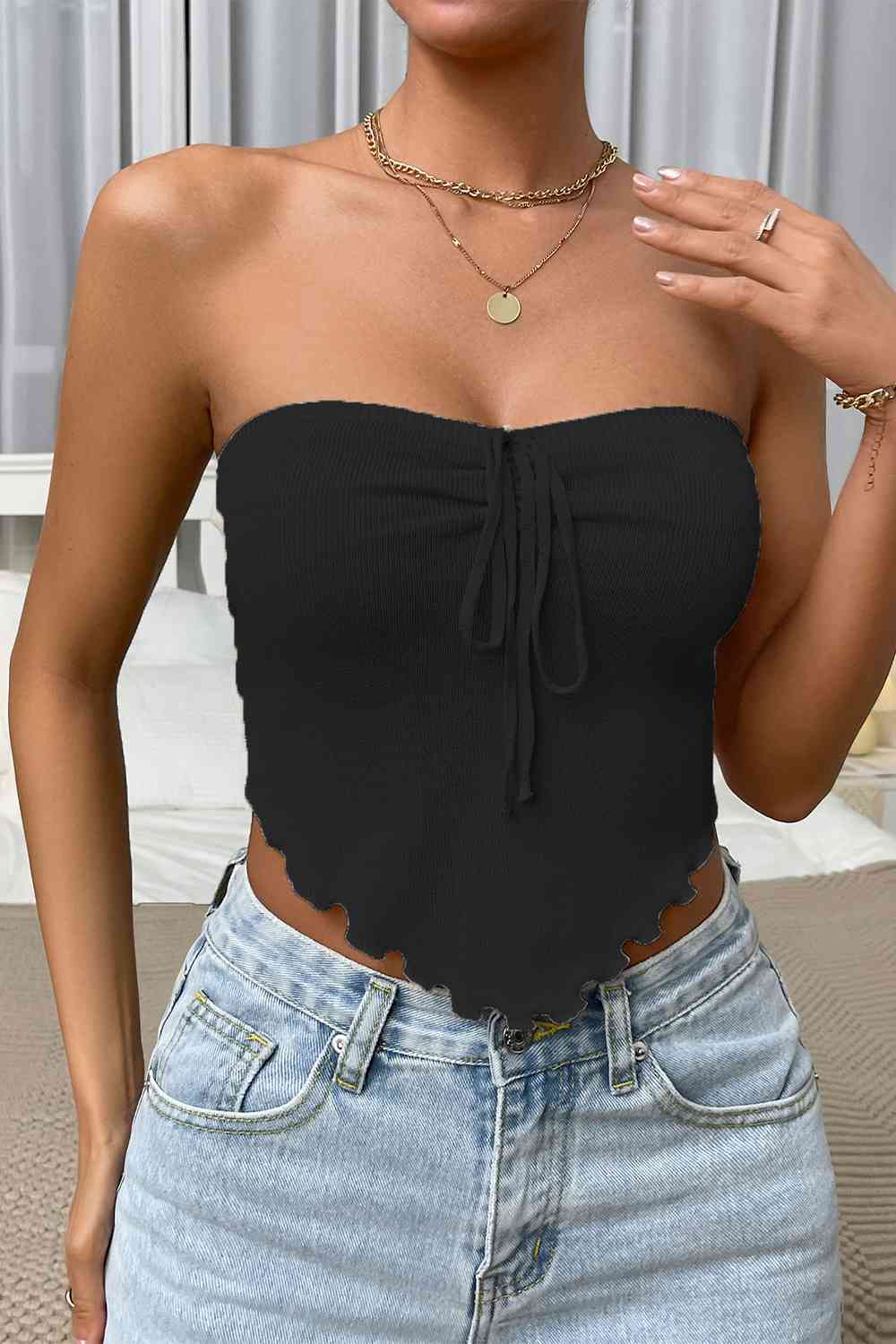 Straight Neck Tie Front Knit Top - Just Enuff Sexy